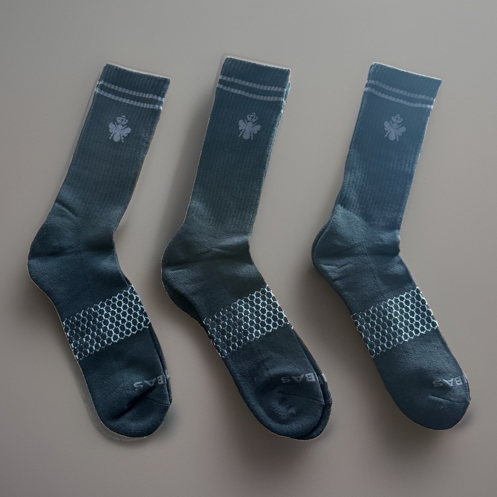 LOT OF 3 Bombas Men's Crew Socks XL Black/Gray Striped Casual Sporty Running NEW